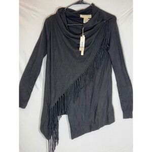 LOVESTITCH Black Fringe Cowl Neck Asymmetrical Draped Cardigan Sweater XS‎
